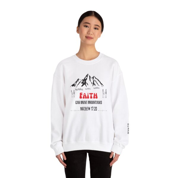 Unisex Sweat Shirt, print on sleeve - Faith Moves Mountains - Image 12