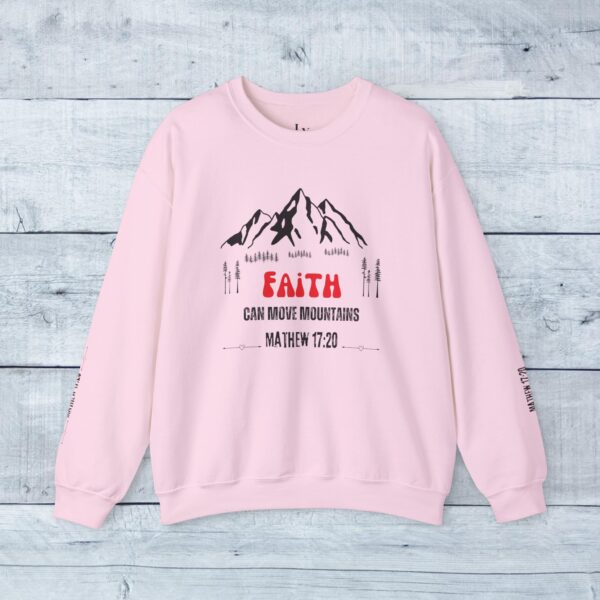 Unisex Sweat Shirt, print on sleeve - Faith Moves Mountains - Image 13